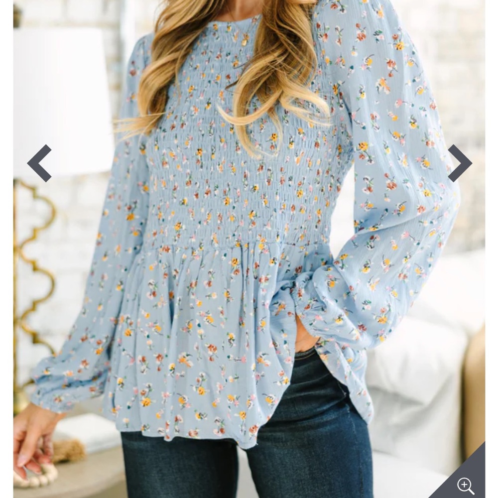 Blue Smocked Peplum Blouse with Long Sleeves